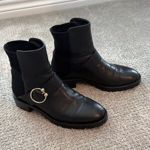 Stuart Weitzman Black Leather Moto Boots with Gold Ring Accent